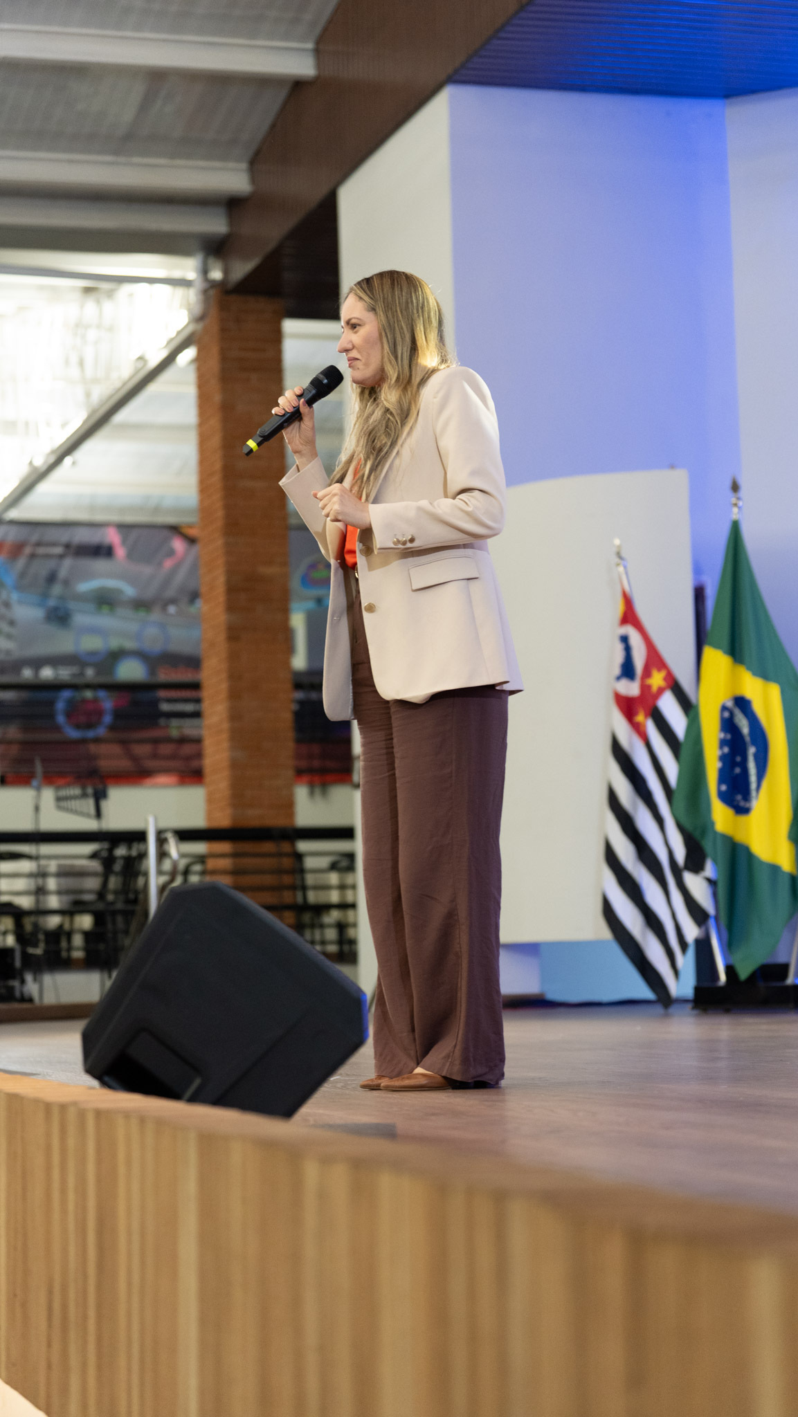Cristiany de Castro em fala pública com bandeiras do Brasil e de São Paulo